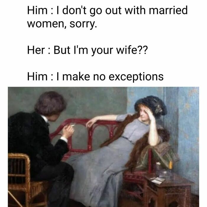 Classical art meme featuring a humorous conversation between a couple on a vintage sofa.