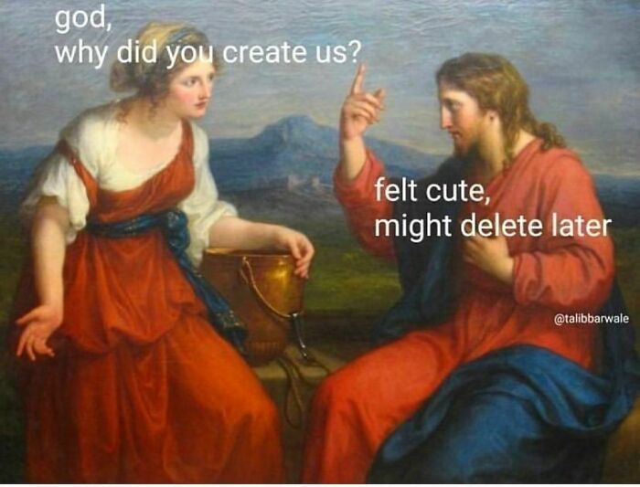Classical art meme with humorous text about creation and feeling cute, enhancing a coffee break.