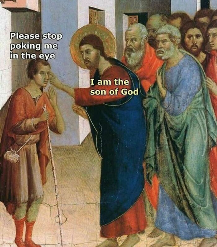 Classical art meme featuring a humorous interaction between two figures, adding humor to a famous scene.