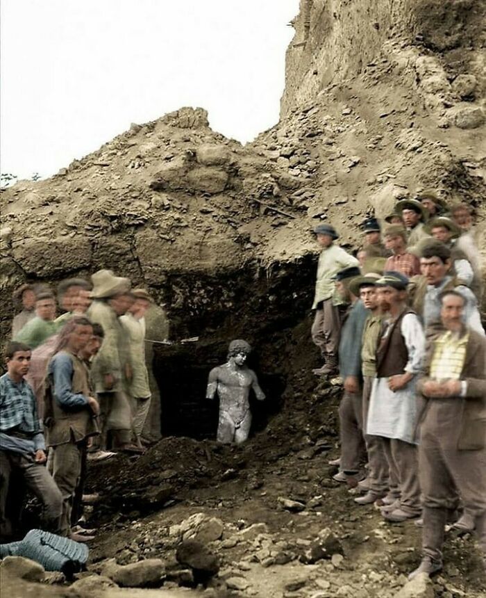 The Discovery Of The Ancient Statue Of Antinous In Delphi, Greece During An Excavation In 1894 Is Shown In This Colorized Image. Antinous Was The Greek Male Lover Of Roman Emperor Hadrian In The 2nd Century