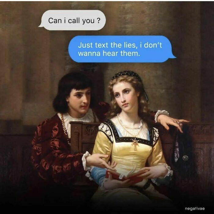 Classical painting with added text messages creating a relatable meme on an Instagram page.