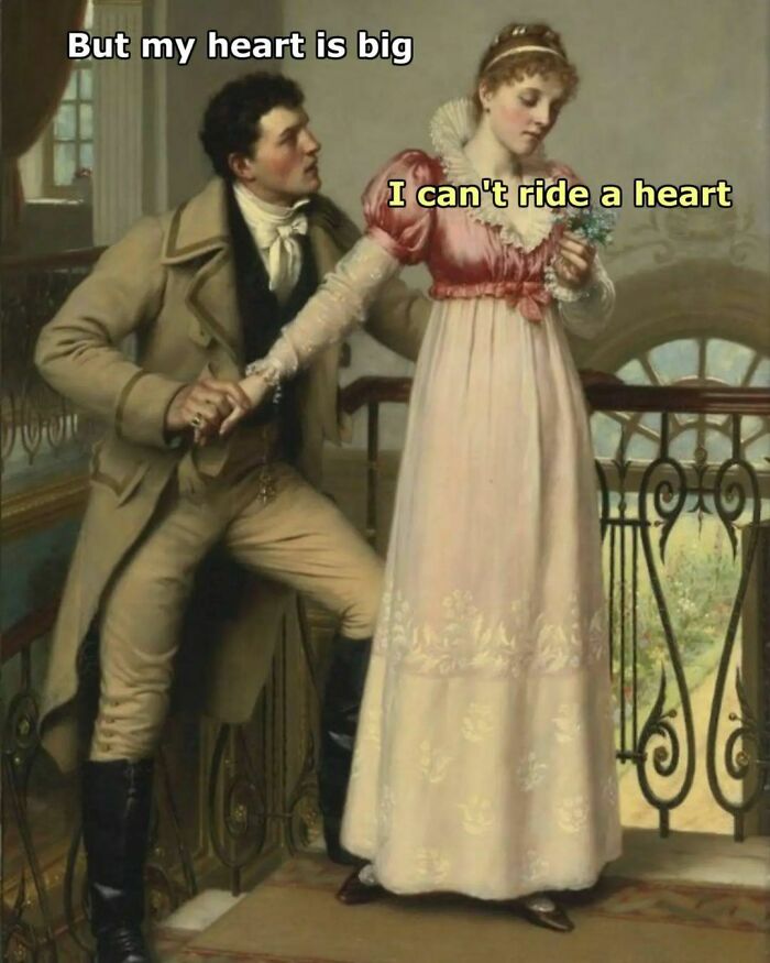 A classical painting with humorous dialogue added, creating a relatable meme.