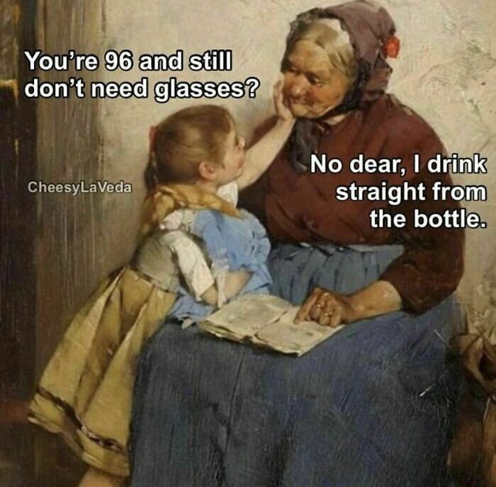 Classical art meme showing a child asking an elderly woman about glasses, with a humorous response about bottles.