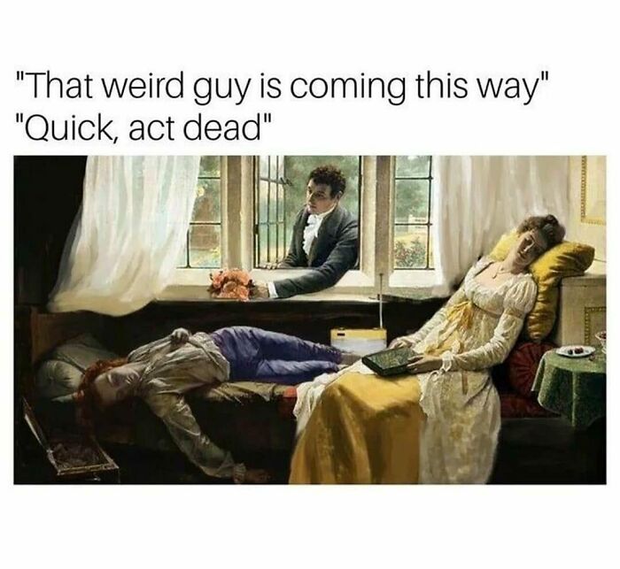 Classical art meme shows two people pretending to be dead as a man approaches a window, humorously enhancing a coffee break.