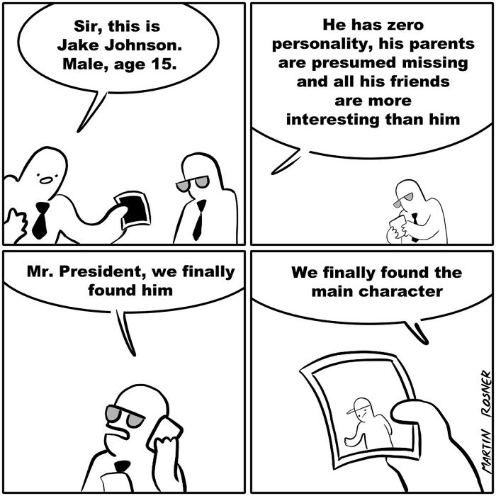 Comic by Martin Rosner showing humorous search for main character in life’s oddities.