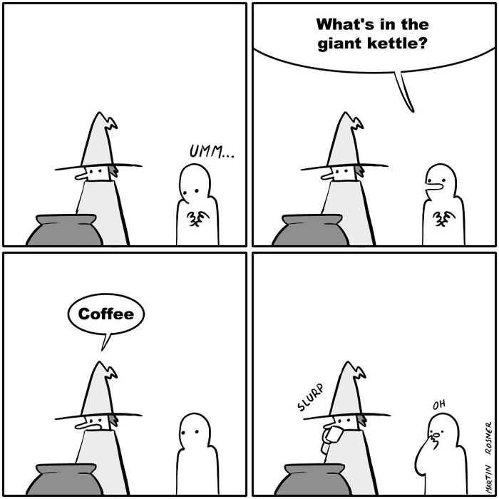 Comic by Martin Rosner showing a wizard and person near a giant kettle with humorous dialogue about coffee.