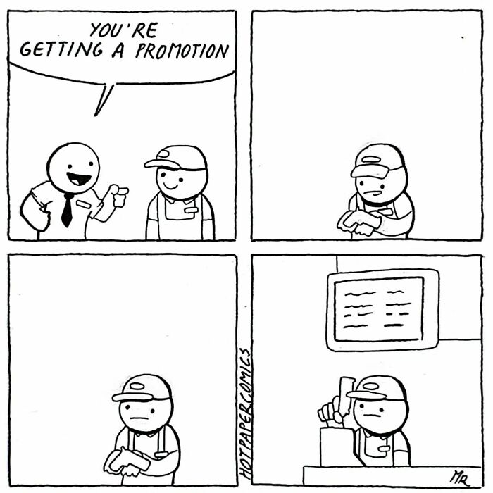 Comic by Martin Rosner showing a character's reaction to a promotion at work, highlighting life's oddities humorously.