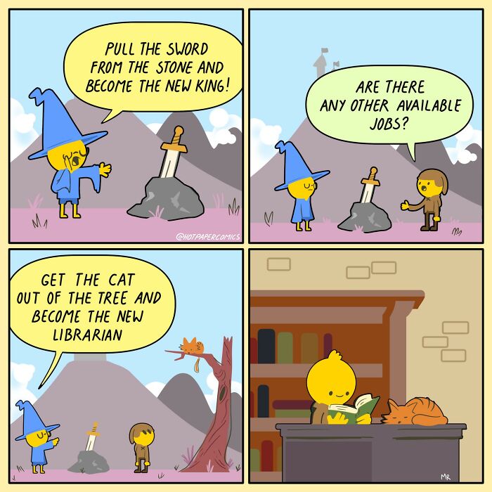 Comic by Martin Rosner shows wizard offering humorous job tasks, ending with character as a librarian with a cat.