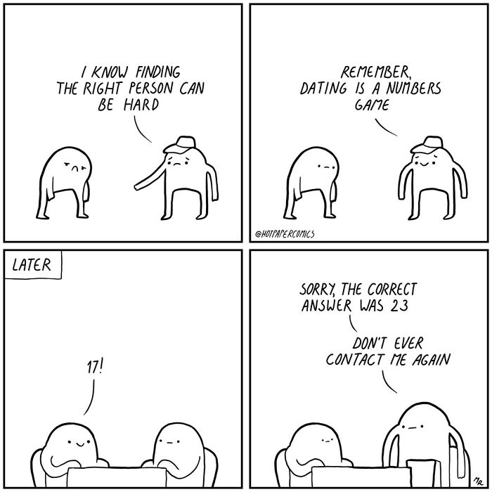 Comic by Martin Rosner depicting a humorous take on dating as a numbers game.