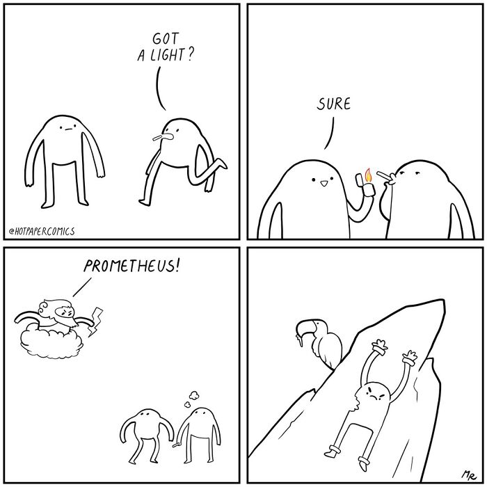 Comic by Martin Rosner depicting a humorous twist on Prometheus and fire.