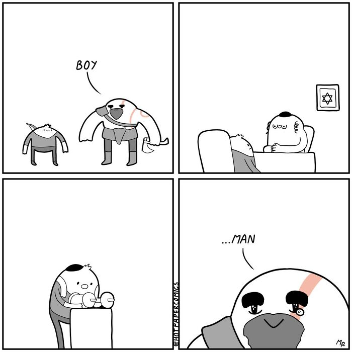 A clever comic by Martin Rosner showing a character's humorous transformation from boy to man.