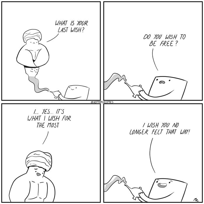 Cartoon by Martin Rosner featuring a humorous dialogue between a genie and a character about life's oddities.