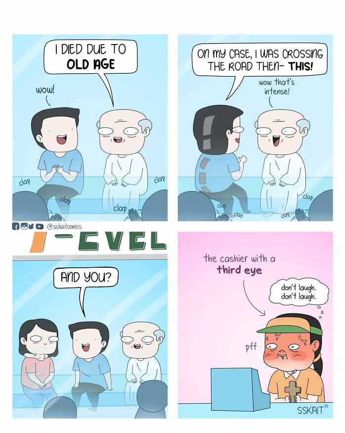 Comic strip by a talented artist featuring witty Filipino humor, showing a humorous conversation and a blushing cashier.