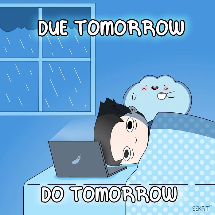 Comic illustration with witty Filipino humor; a person procrastinating work by sleeping next to a laptop.