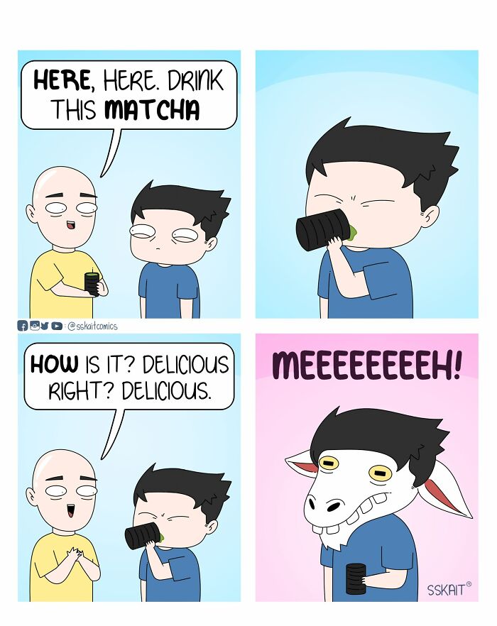 Comic strip with witty Filipino humor about a man drinking matcha and transforming into a goat.