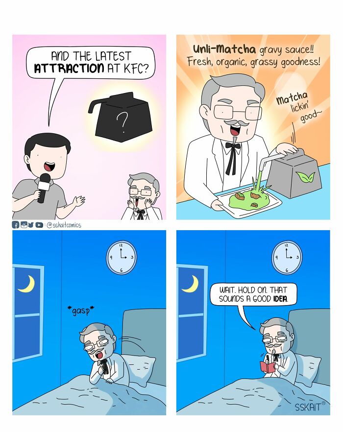 Comic with witty Filipino humor features KFC attraction and a funny idea involving matcha gravy sauce at night.