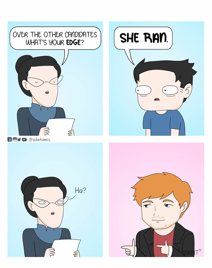 Comic illustrating witty Filipino humor with characters in a playful job interview scenario.