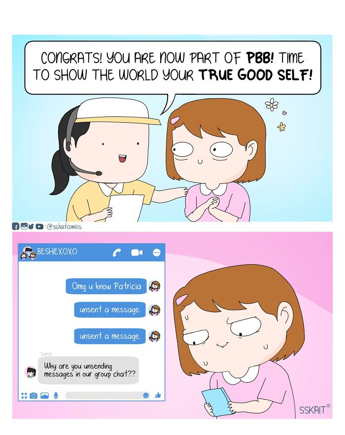 Comic panel with Filipino humor featuring two characters discussing joining PBB, and unsent chat messages on a phone.