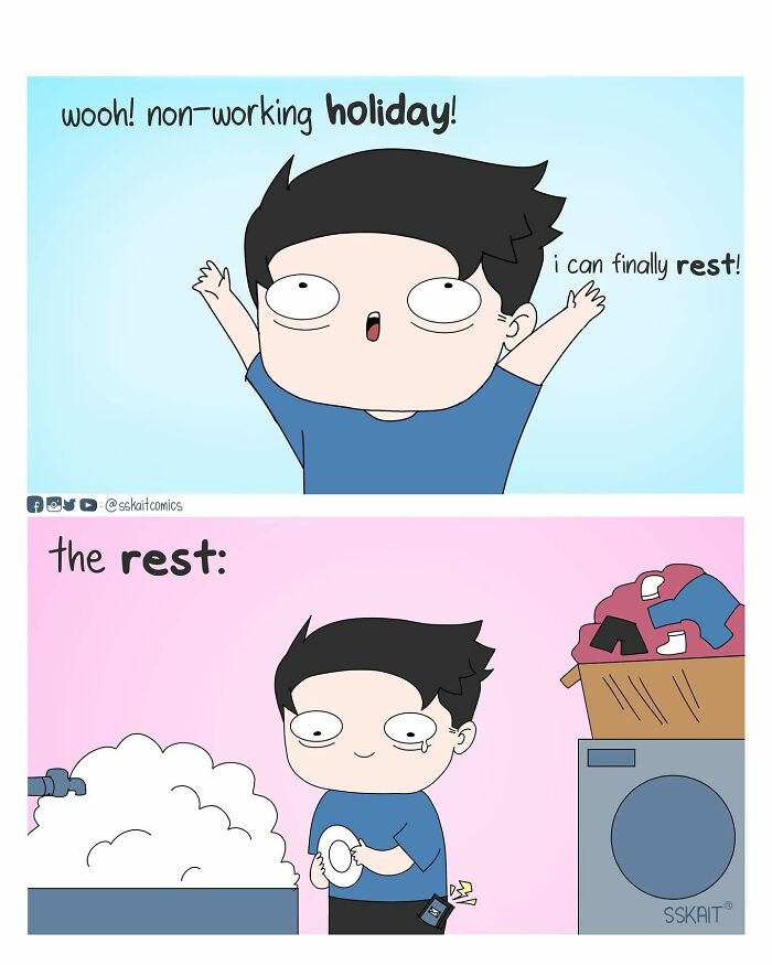 Comic strip with Filipino humor showing a character celebrating a non-working holiday, then doing laundry instead.