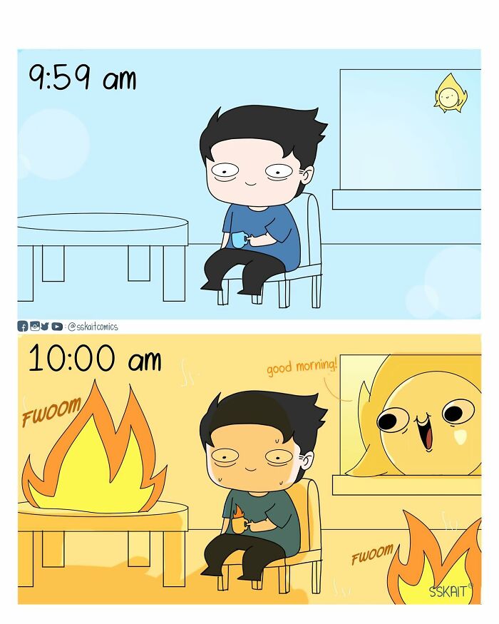 Comic strip by talented artist featuring witty Filipino humor, showing a person with fire and a cheerful sun character.