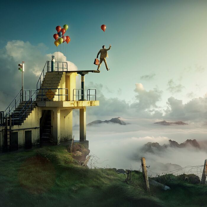 Surreal photo manipulation by Swedish Photoshop master, depicting a person stepping off a platform into clouds with balloons.