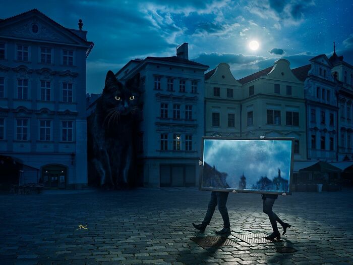 Giant cat photo manipulation by Swedish Photoshop master Erik Johansson, with a surreal cityscape at night.