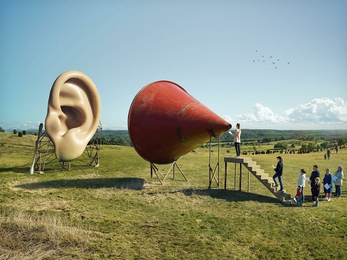 Surreal photo manipulation with giant ear and speaker, people observing, showcasing Erik Johansson's photoshop mastery.