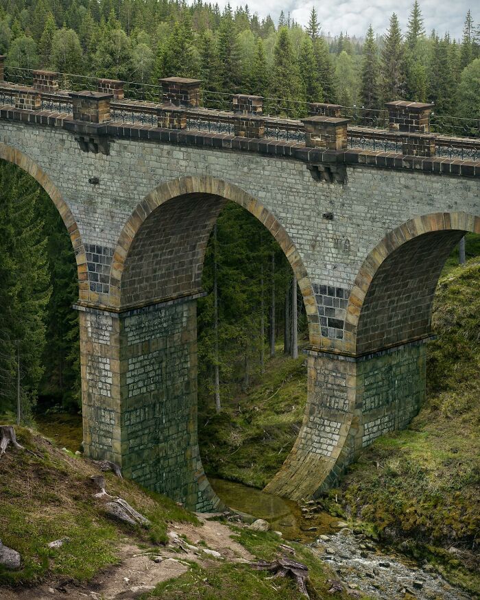 Mind-bending photo manipulation of a bridge seamlessly blending into lush forest scenery by Swedish Photoshop master.