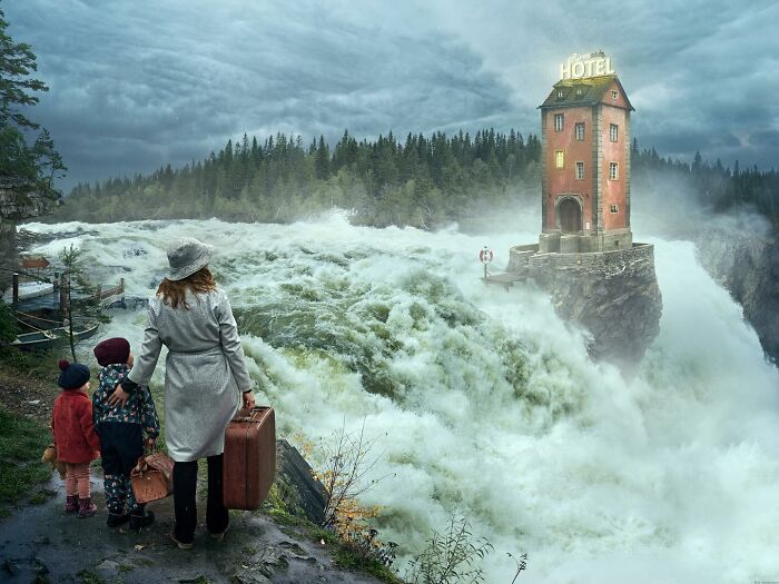 A surreal photo manipulation by Swedish Photoshop master Erik Johansson, depicting a woman and children facing a waterfall hotel.