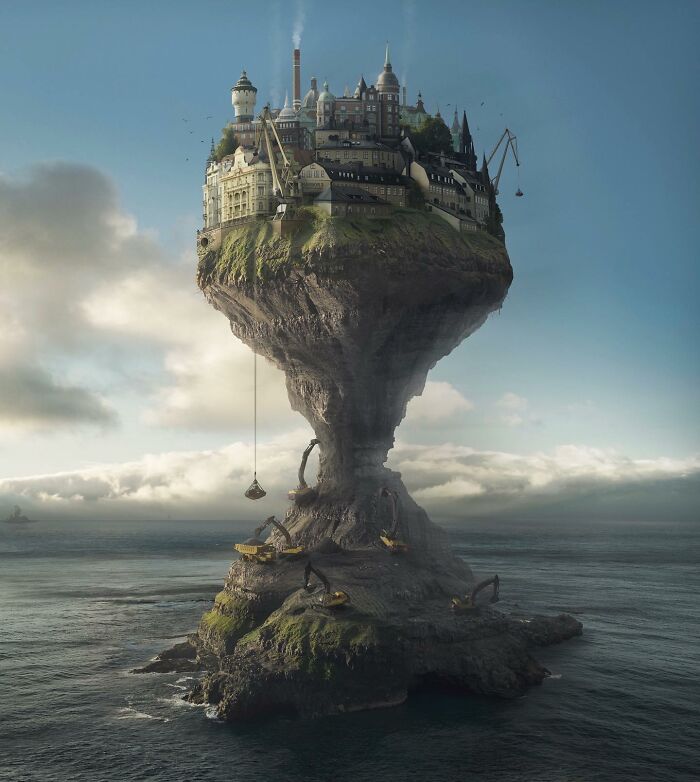 Floating city atop a rocky pillar in a surreal art scene by Swedish Photoshop master Erik Johansson.