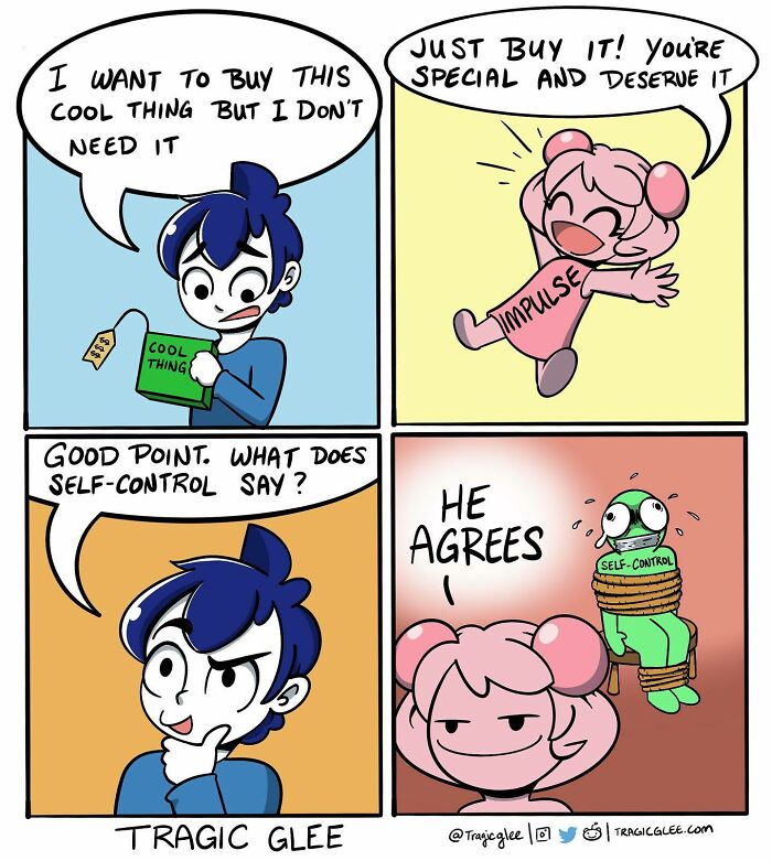 Comic illustrating tragic situations twisted into humorous moments with characters debating impulse and self-control.