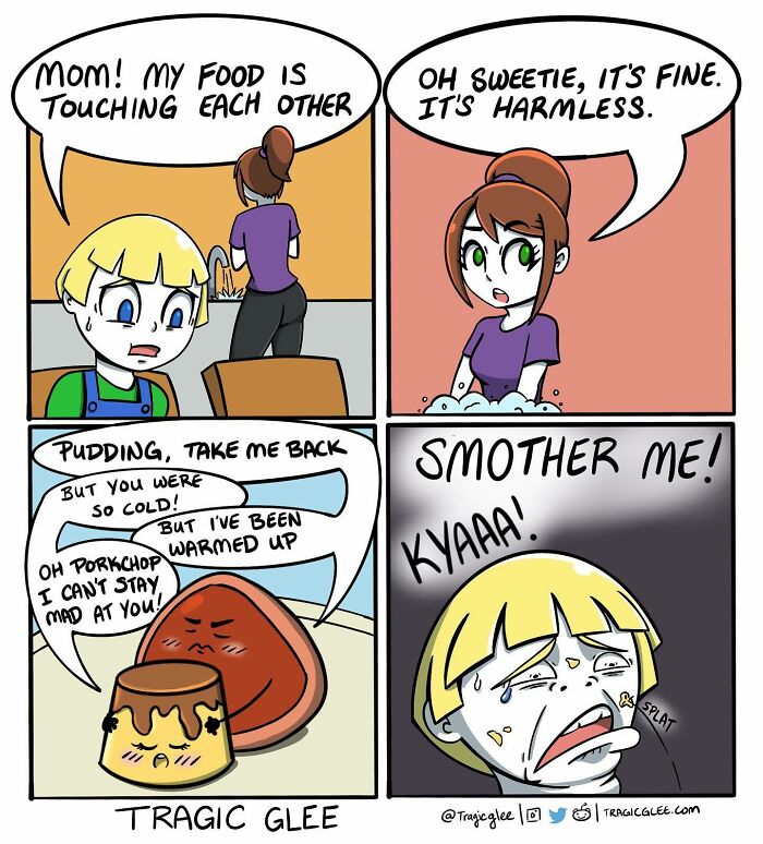 Comic illustrating tragic situations twisted into hilarious moments with anthropomorphized food characters and kid’s reactions.