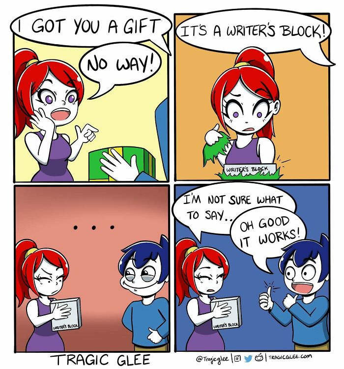 Comic by artist Tragic Glee humorously twists tragic writer’s block into a hilarious situation with two expressive characters.