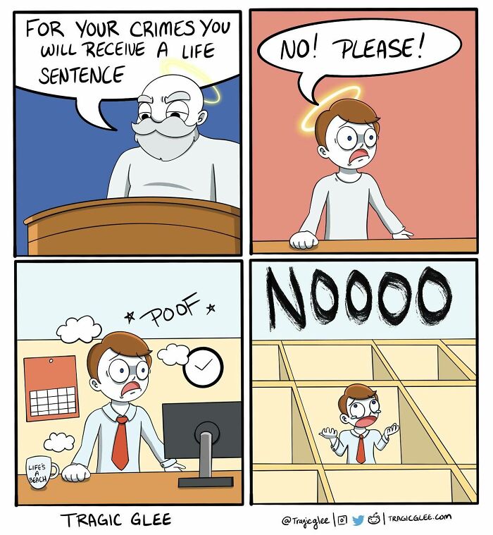 Comic by artist Tragic Glee showing tragic situations twisted into hilarious comics with a life sentence punchline.