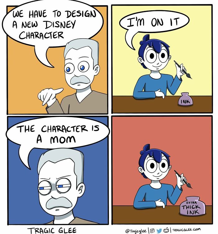 Comic panels showing a tragic situation twisted into hilarious art, featuring characters designing a new Disney mom with ink.