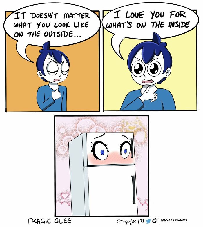 Comic by Tragic Glee showing a character expressing love for what's on the inside with a blushing refrigerator.