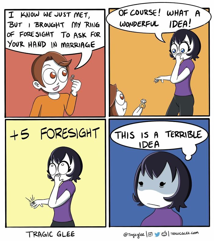 Comic illustrating tragic situations twisted into hilarious comics, featuring a marriage proposal with foresight humor.