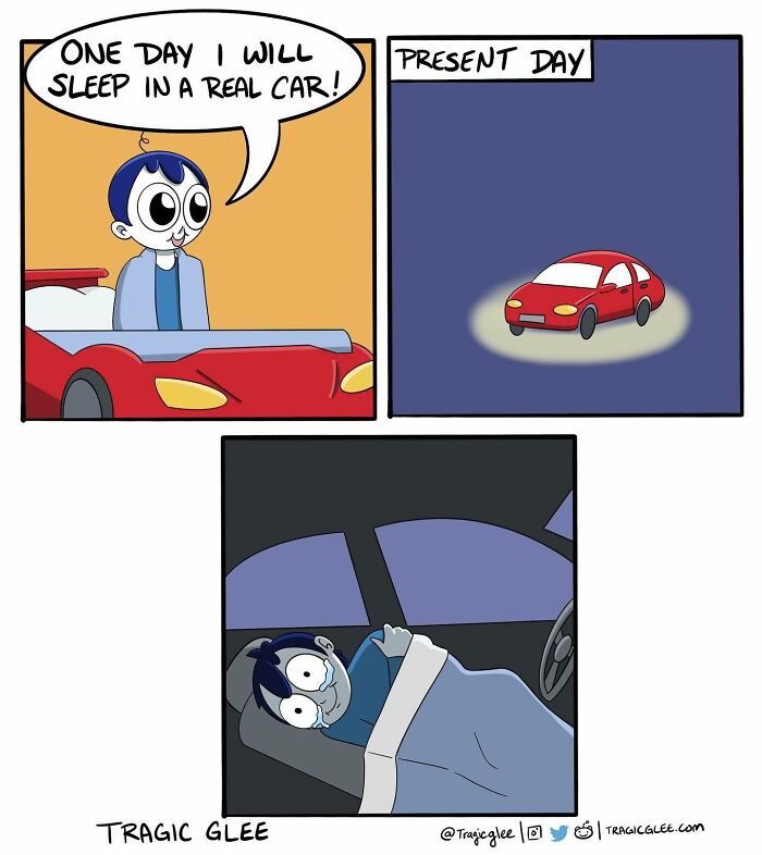 Comic panel showing a character humorously depicting tragic situations twisted into hilarious comics with a car bed theme.
