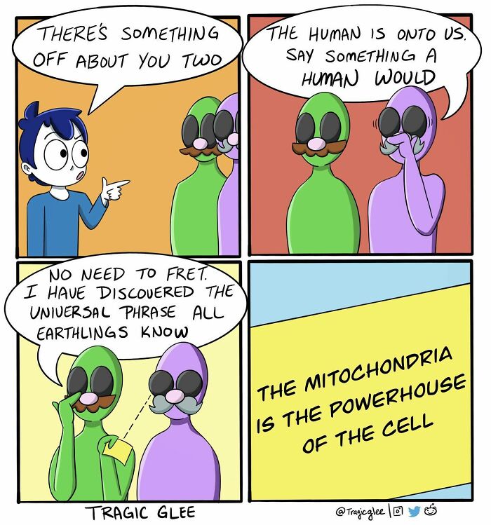 Comic by artist Tragic Glee shows aliens humorously struggling with human phrases, reflecting tragic situations twisted into hilarious comics.