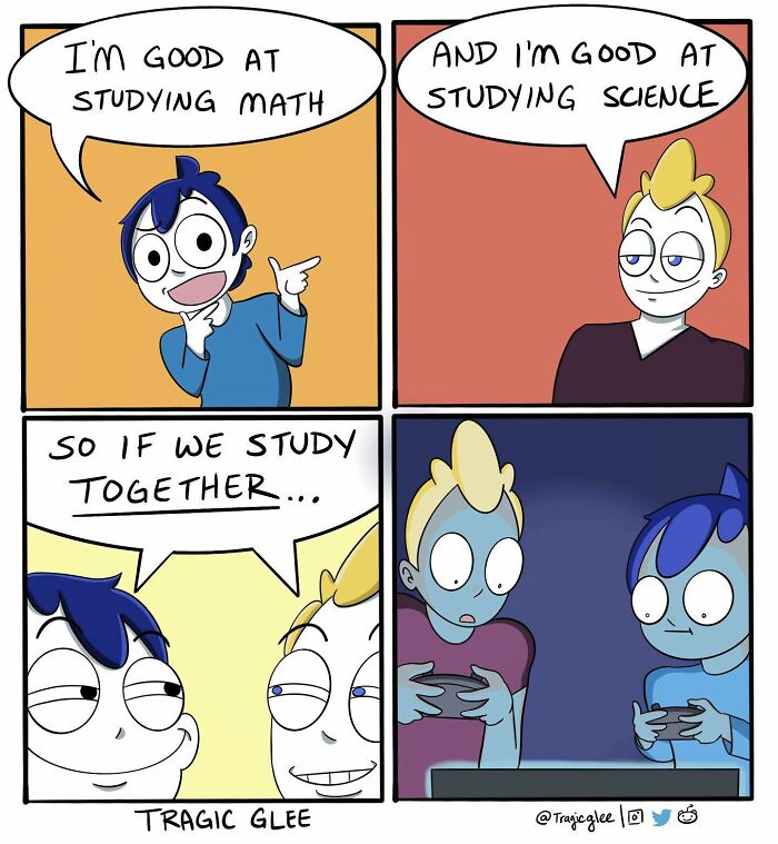 Comic panels showing two characters humorously twisting tragic situations into hilarious moments about studying math and science together.
