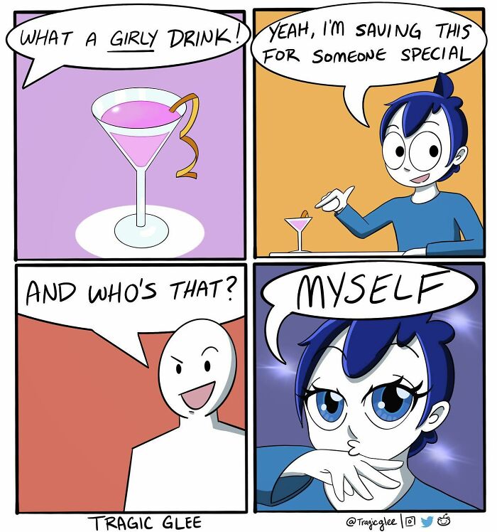 Comic panel by artist Tragic Glee showing a humorous twist on tragic situations with a character saving a drink for herself.
