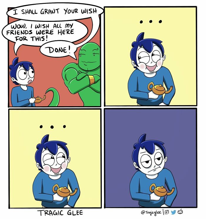 Comic by artist Tragic Glee showing a twisted tragic situation turned into a hilarious comic with a wish and funny expression.