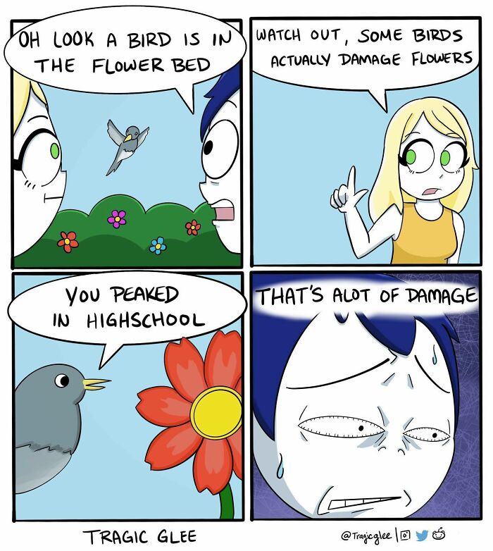 Comic panels showing a tragic situation twisted into humor by an artist, featuring a bird and exaggerated facial expressions.