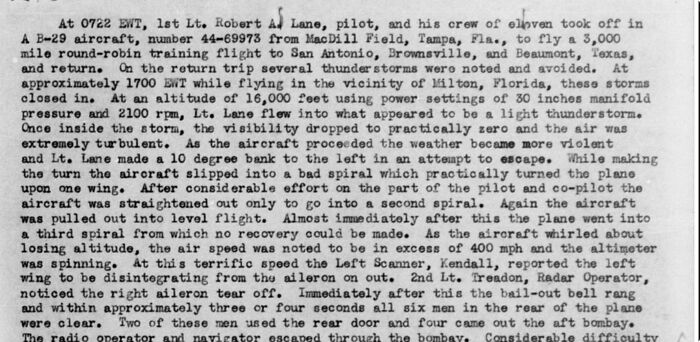 Document detailing B-29 Superfortress flight narrative, describing a crew's encounter with a severe storm and subsequent events. Document detailing B-29 Superfortress flight narrative, describing a crew's encounter with a severe storm and subsequent events.