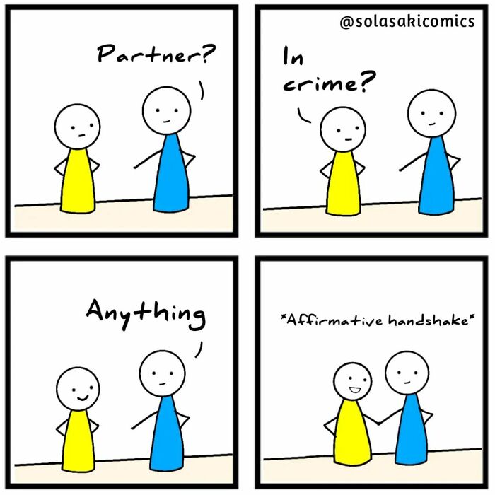 Two cartoon figures form a partnership in a humorous comic strip by the artist, highlighting everyday experiences.