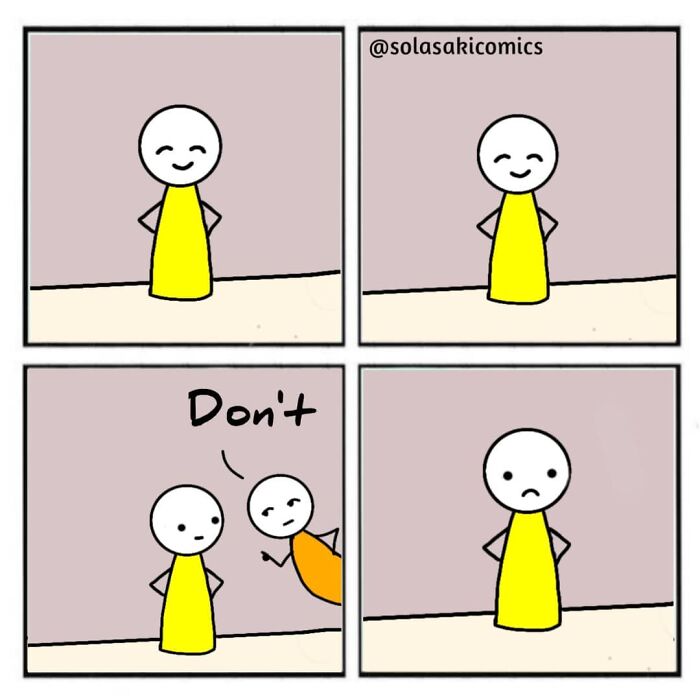 Comic strip showing characters with unique expressions, one saying "Don't," conveying a clever twist on everyday situations.