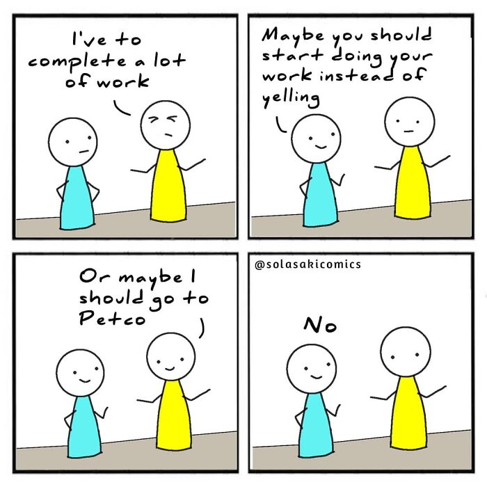 Two simple characters humorously discuss procrastination in everyday experiences.