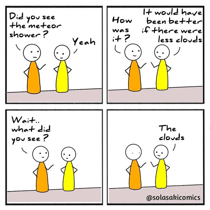 Two characters react humorously after the cloudy meteor shower in a clever comic strip by this artist.