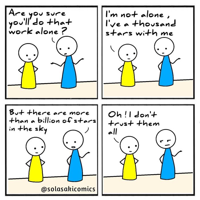 Two stick figures humorously discuss trusting stars in this clever comic about everyday experiences.