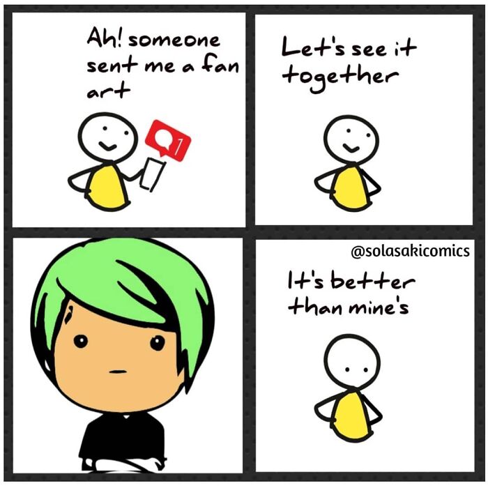 Comic strip showing a character reacting humorously to receiving fan art.